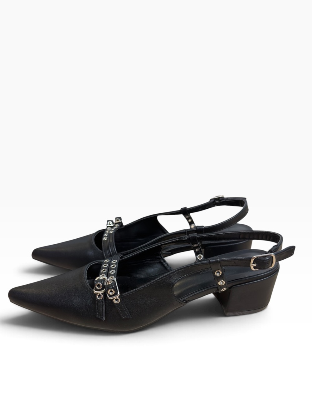 Streetwear Society Black Pointed Toe Double Buckle Slingback Block Heels Size US